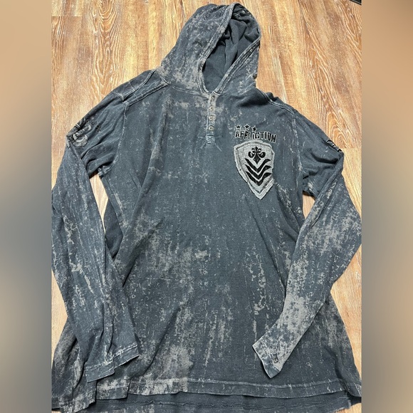 Distressed grey Affliction long sleeve waffle knit  hoodie - Picture 1 of 6